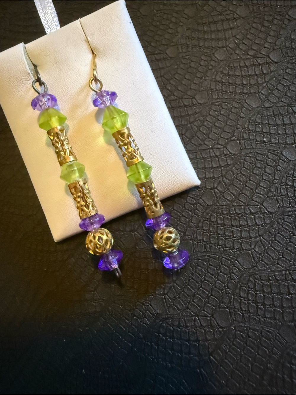 Gold Tone Earrings with Purple and Lime Beads 2